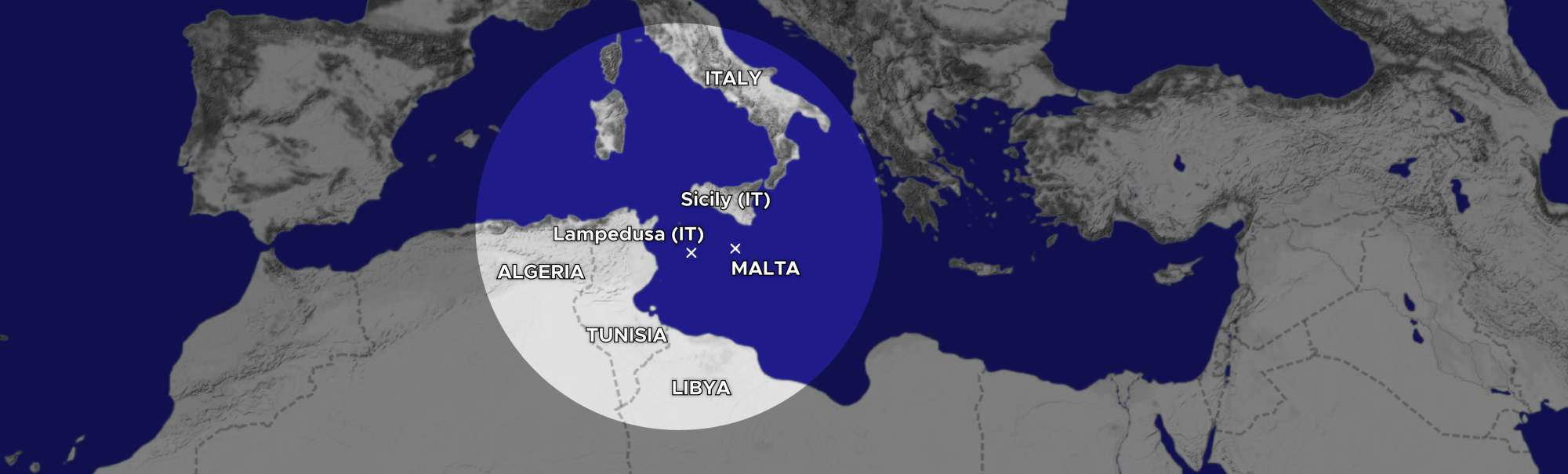 map of the mediterranean sea. The countries and waters of the region called 'central mediterranean' are highlighted and labelled; Those countries are: Italy (including its islands Lampedusa and Sicily), Malta, Libya, Tunisia and Algeria